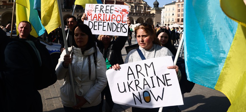 A daily demonstration in Krakow, Poland, seen here on March 3, 2024, is emblematic of continued strong support for Ukraine in Europe.