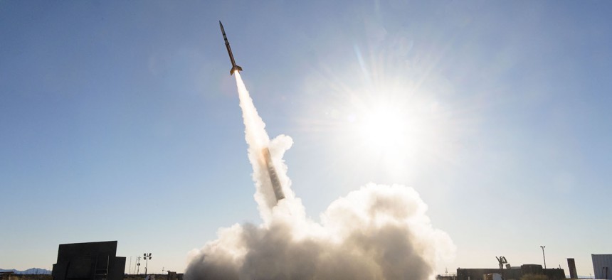 The U.S. Army Space and Missile Defense Command launch a missile target at White Sands Missile Range, N.M., Feb. 8, 2023, while testing new Patriot missile software.