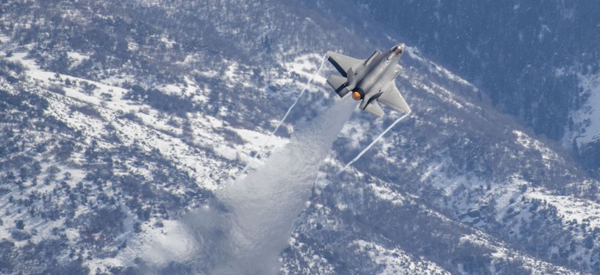 A U.S. Air Force F-35A Lightning II assigned to the F-35A Lightning II Demonstration Team performs a practice show at Hill Air Force Base, Utah, Feb. 14, 2024. 