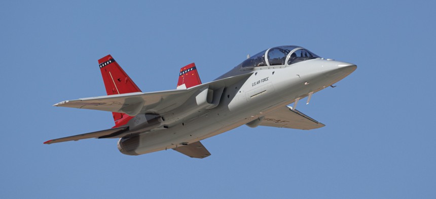 The first T-7A Red Hawk arrives at Edwards Air Force Base, California, on Nov. 8, 2023.