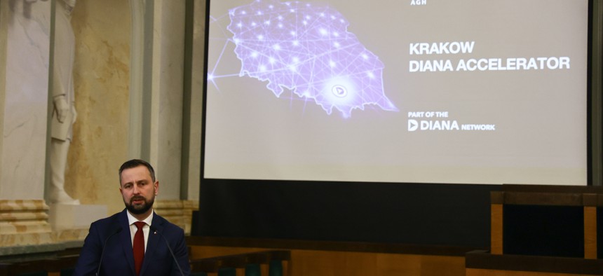 Polish Defence Minister Wladyslaw Kosiniak-Kamysz speaks during the press conference about the first Polish NATO DIANA Accelerator at AGH University of Science and Technology in Krakow, Poland, on March 15, 2024.
