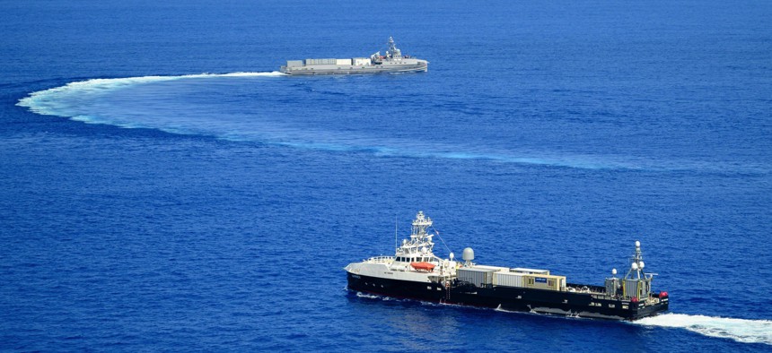 The unmanned surface vessels Mariner and Ranger maneuver in the Pacific Ocean during Integrated Battle Problem 23.2, on Sept. 16, 2023.