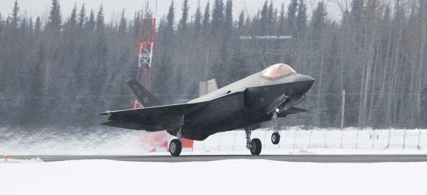 An F-35A Lightning II begins to lift off from the flightline at Eielson Air Force Base, Alaska, March 14, 2024. 