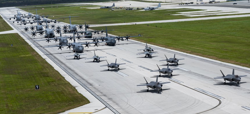 U.S. and Allied aircraft conduct an elephant walk on Andersen Air Force Base, Guam, July 19, 2023. 