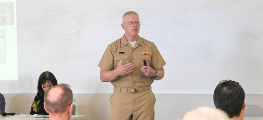 Joint Task Force Red-Hill Commander Vice Adm. John Wade provides a defueling update to the Military Affairs Council of the Hawaii Chamber of Commerce in Honolulu, Hawaii, March. 1, 2024. 