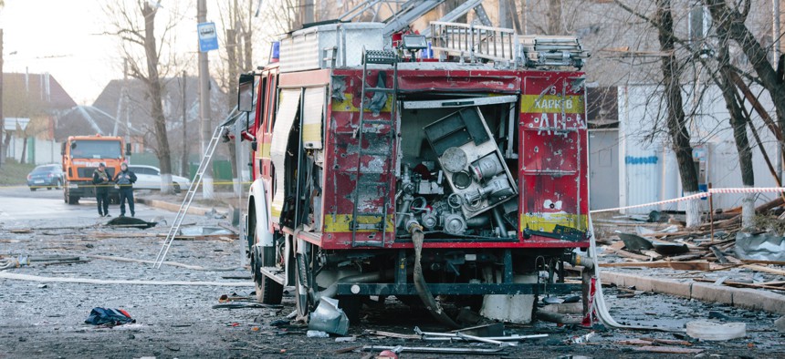 A fire truck was destroyed in Kharkiv by Shahad 136 drones in an April 6, 2024, attack.