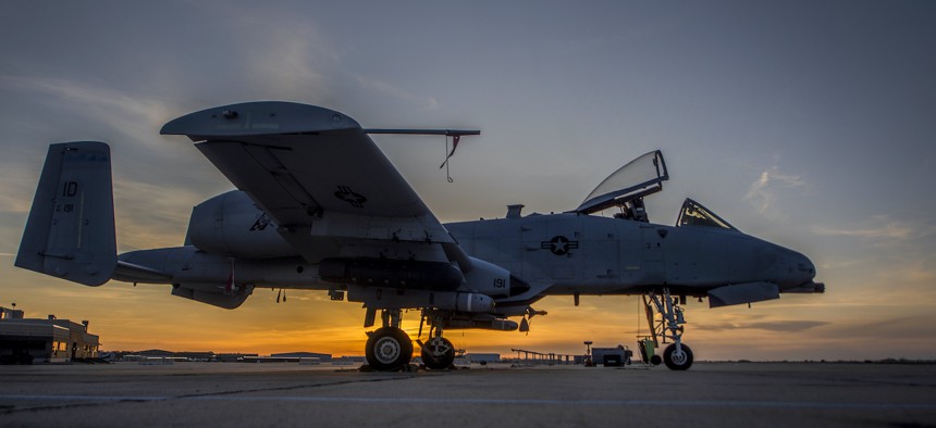 A U.S. Air Force A-10 Thunderbolt II assigned to the 124th Fighter Wing is parked on the flight line during sunset at Gowen Field, Idaho on April 10, 2024.
