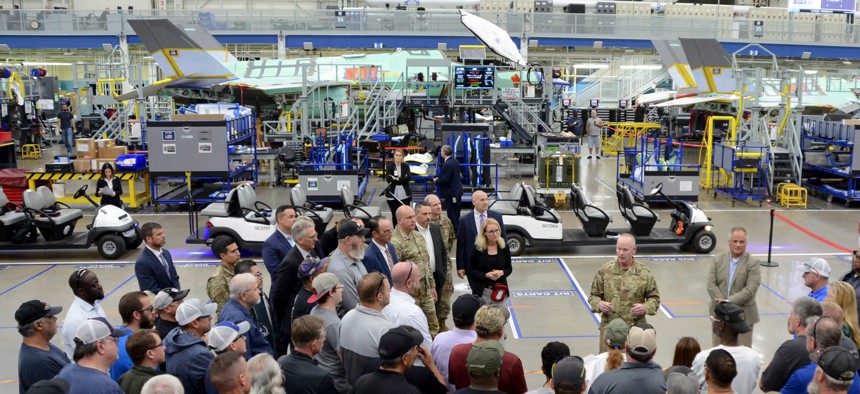 F-35 Joint Program Executive Officer Lt. Gen. Michael Schmidt talks to workers at Lockheed Martin’s Air Force Plant 4 in Fort Worth, Texas, on Nov. 3, 2022.