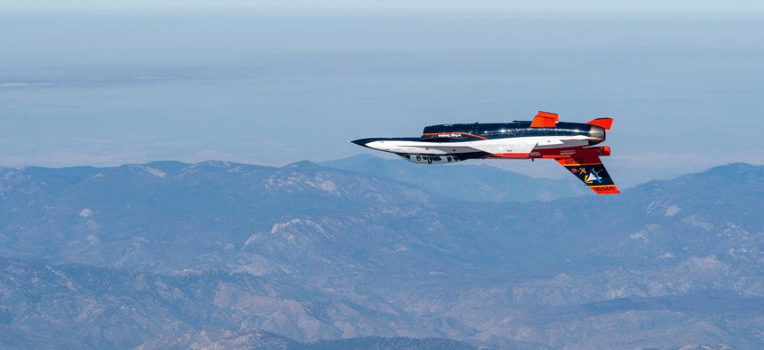The X-62 Variable In-Flight Simulator Test Aircraft (VISTA) flies in the skies over Edwards Air Force Base, California, Aug. 26, 2022.