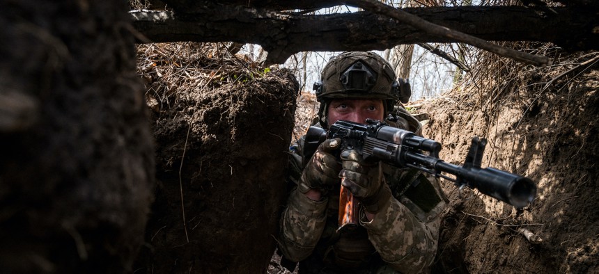 Ukrainian soldiers conduct combat drills in Ukraine on March 23, 2024. 