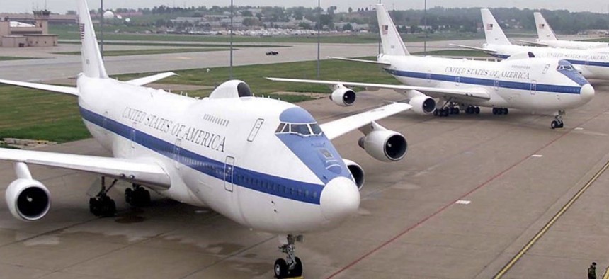 The 595th Command & Control Group's fleet of E-4B Nightwatch aircraft sit on the flightline of Offutt Air Force Base, Neb., in 2009.