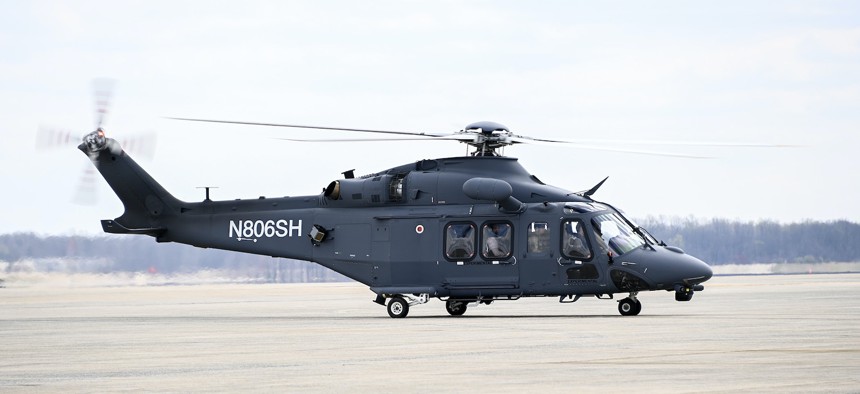 In this 2023 photo, an MH-139 Grey Wolf helicopter taxis on the flight line at Joint Base Andrews, Maryland.