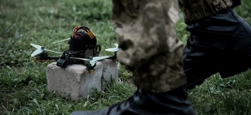A member of the Ukrainian military learns to control an FPV drone at a drone school on April 18, 2024 in Zaporizhzhia Oblast, Ukraine. 