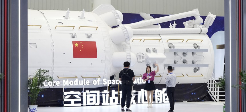 A core module of a space station on exhibit for China's Space Day, April 23, 2024 in Wuhan, China. 