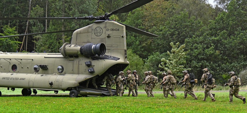 U.S. Army soldiers with 10th Special Forces Group train to evacuate during a small-unit-tactic training on August 29, 2023, in Baumholder, Germany.