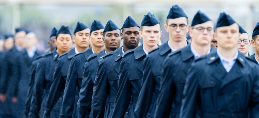 U.S. Air Force Basic Military Training graduates participate in their graduation ceremony at Joint Base San Antonio-Lackland, Texas, March 16, 2023. 