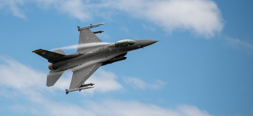 A U.S. Air Force F-16 Fighting Falcon aircraft flies above Fort Wayne, Indiana, May 3, 2024.