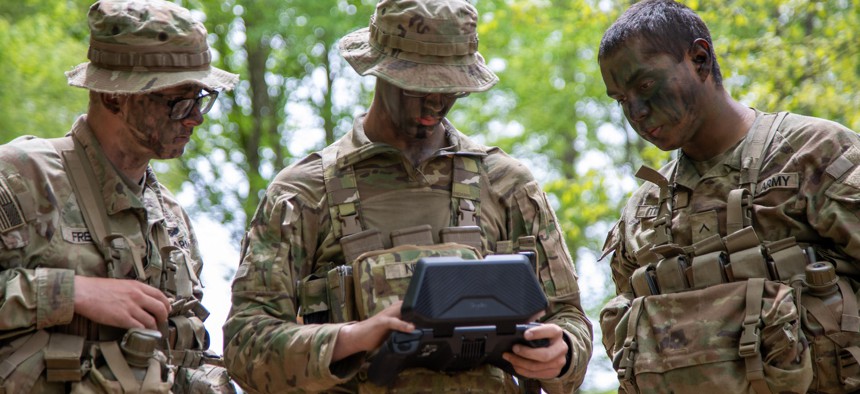 Soldiers assigned to Multi Functional Reconnaissance Company, 2nd Brigade Combat Team, 101st Airborne Division, conduct area reconnaissance using an Unmanned Aerial Surveillance (UAS) drone during Operation Lethal Eagle 24.1 at Fort Campbell Ky., April 25, 2024.