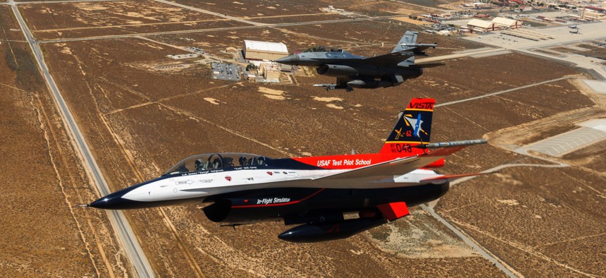 Air Force Secretary Frank Kendall flies in the X-62 VISTA above Edwards Air Force Base, California, May 2.