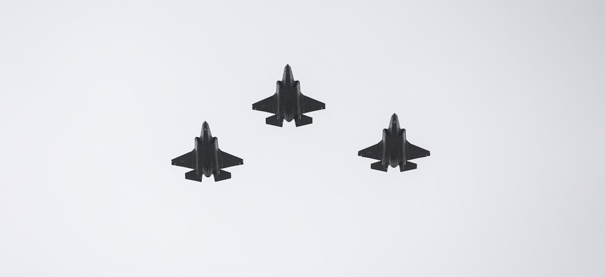 F-35s perform a flyover at Talladega Superspeedway in Alabama, April 21, 2024.