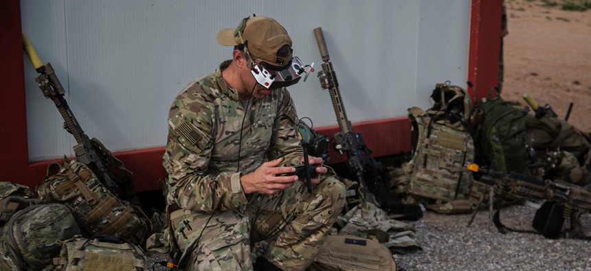 A Green Beret with 10th Special Forces Group  prepares to launch a first-person-view (FPV) drone during an with Greek special operators near Nea Peramos, Greece, on March 9, 2024. 