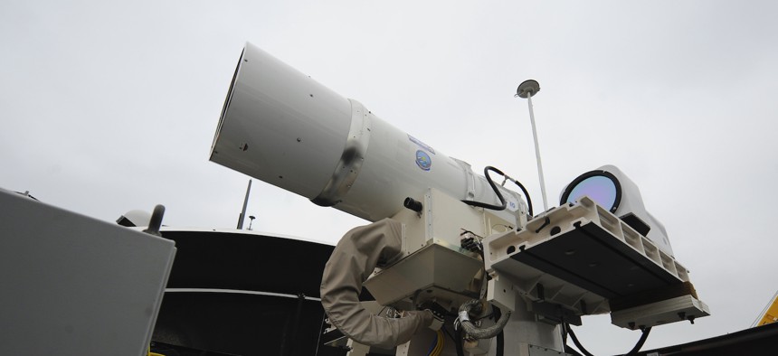 The Laser Weapon System (LaWS) temporarily installed aboard the guided-missile destroyer USS Dewey (DDG 105) in San Diego, Calif., is a technology demonstrator built by the Naval Sea Systems Command from commercial fiber solid state lasers, using combination methods developed at the Naval Research Laboratory. 