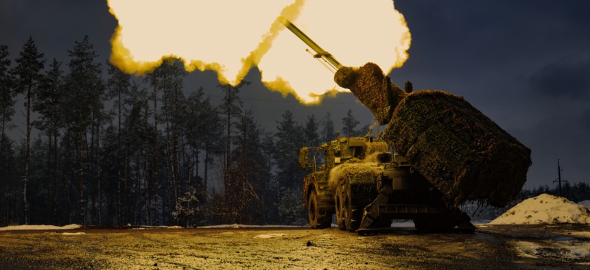 A Ukrainian Archer artillery gun fires on Russian positions on December 24, 2023, in Donetsk Oblast, Ukraine.