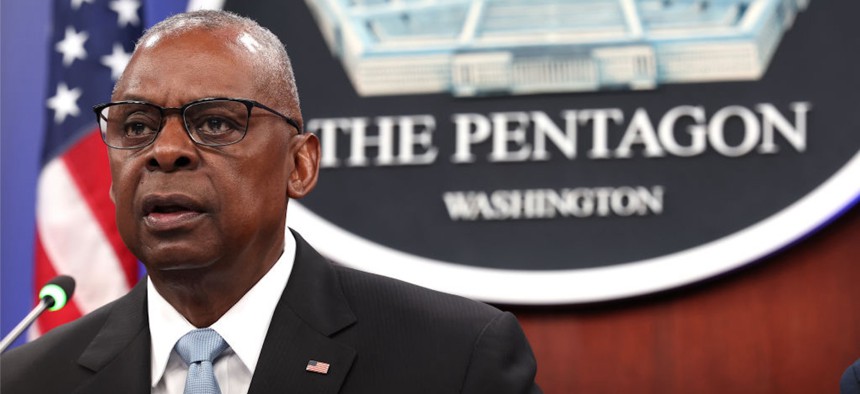 U.S. Secretary of Defense Lloyd Austin delivers remarks during a virtual meeting of the Ukraine Defense Contact Group at the Pentagon on May 20, 2024 in Arlington, Virginia. 