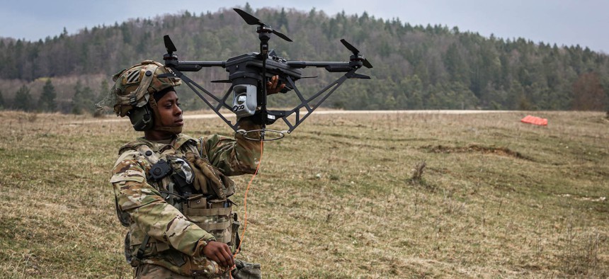 Sgt. Panzia Lawson, assigned to the 6th Squadron, 8th Cavalry Regiment, does drone maintenance during Allied Spirit 24 at the Hohenfels Training Area, Joint Multinational Readiness Center, Germany, March 6, 2024.