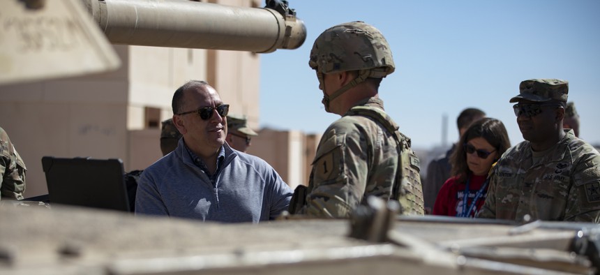 Gabe Camarillo, the under secretary of the Army, visits Fort Irwin, Calif. to observe a human machine integration demonstration during Project Convergence – Capstone 4 at Fort Irwin, Calif., March 20, 2024. 