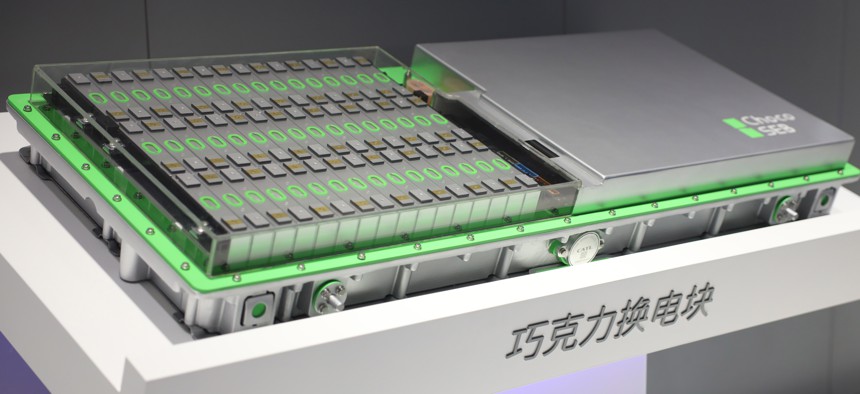 A battery package from Contemporary Amperex Technology Co., the Chinese company that makes roughly one-third of the world's lithium-ion batteries. 