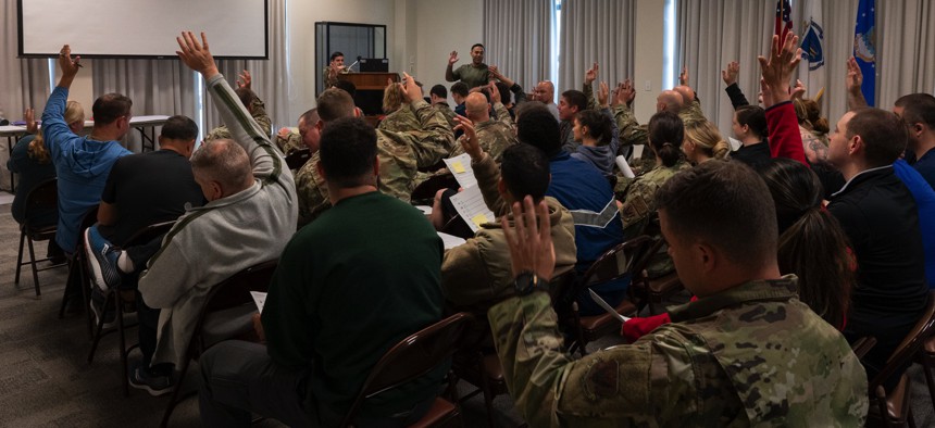 Members of the 102nd Intelligence, Surveillance and Reconnaissance Group participate in a Resiliency Tactical Pause on Otis Air National Guard Base, June 4, 2023.