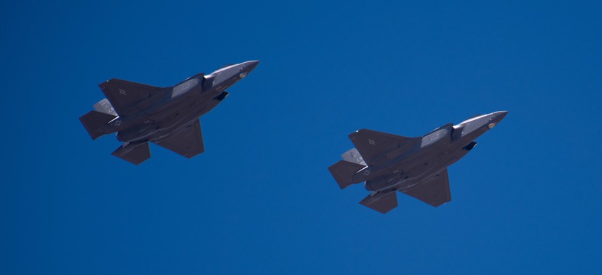 Two U.S. Air Force F-35A Lightning IIs arrive at Air Base No. 11 in Beja, Portugal, May 31, 2024.