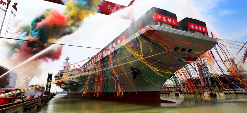 The aircraft carrier Fujian was launched at Jiangnan Shipyard, a subsidiary of China State Shipbuilding Corporation (CSSC), on June 17, 2022, in Shanghai, China.