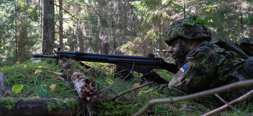 Soldiers from the Maryland Army National Guard's 175th Infantry Regiment conduct ambush section training to members of the Estonian Defence League, in Rutja, Lääne-Viru County, Estonia, Sept. 18, 2023. 