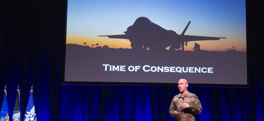 Air Force Chief of Staff Gen. David Allvin delivers a keynote address on the state of the U.S. Air Force during the Air and Space Forces Association 2024 Warfare Symposium in Aurora, Colo., Feb. 13, 2024.