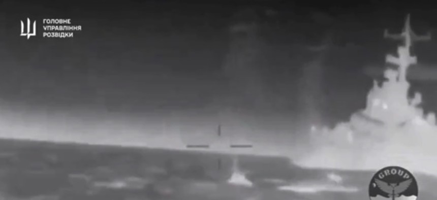 A screencap of footage posted to social media on Feb. 1, 2024, purports to show the Russian warship Ivanovets firing on attacking Ukrainian USVs.