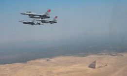 U.S. Air Force and Egyptian Air Force F-16 Fighting Falcons and an A-10 Thunderbolt II fly in formation with coalition fighter aircraft off of the wing of a KC-10 Extender during exercise Bright Star 23 over Egypt, Sept. 14, 2023.