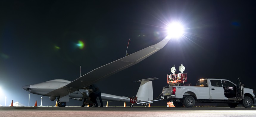 The U.S. military's ULTRA drone, or Unmanned Long-Endurance Tactical Reconnaissance Aircraft, is seen taking off early in the morning at an undisclosed location within within U.S. Central Command's area of responsibility on May 7, 2024.