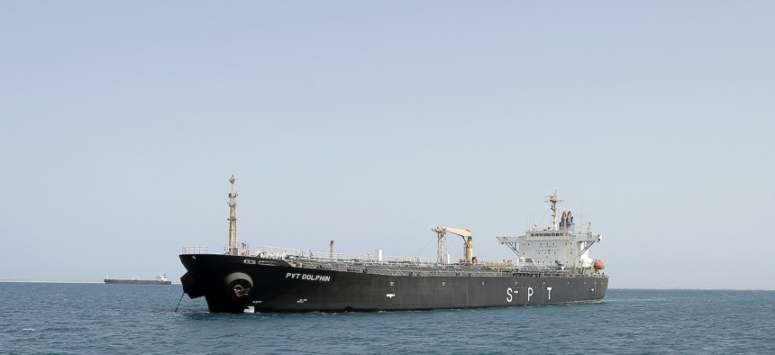 A commercial ship docks at Al-Salif port on May 12, 2024, in the Red Sea, Yemen. 
