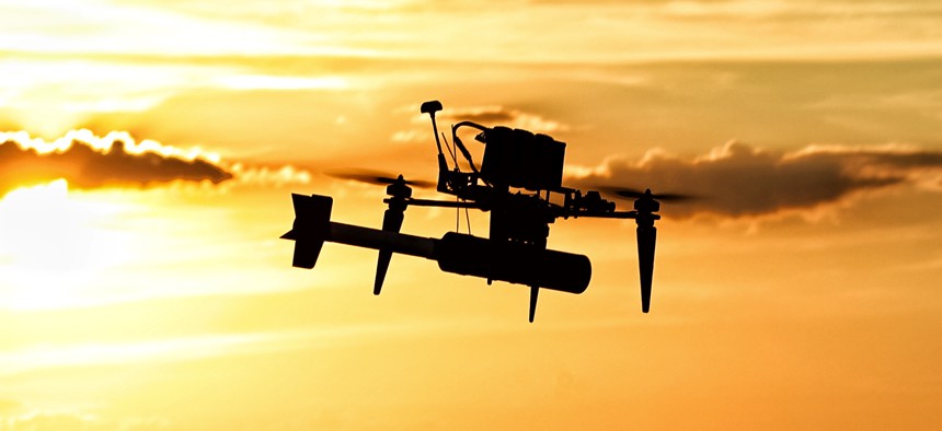 A drone takes off into the sky against the background of sunset on June 28, 2024, in Donetsk Oblast, Ukraine.