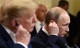 Then-President Donald Trump and Russia's President Vladimir Putin attend a joint press conference after a meeting at the Presidential Palace in Helsinki, on July 16, 2018. A recent assessment by the U.S. intelligence community names Russia as the "preeminent threat" to election in in the runup to the 2024 vote.