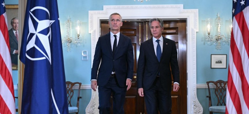 NATO Secretary General Jens Stoltenberg, left, and U.S. Secretary of State Antony Blinken speak at the State Department in Washington, D.C., on July 9, 2024.