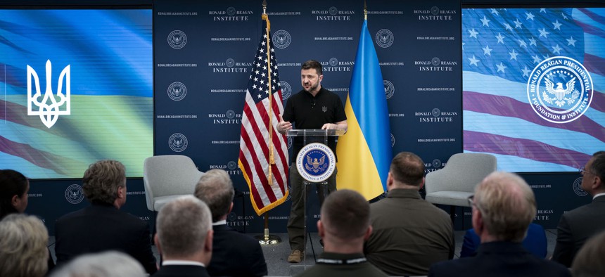 Ukrainian President Volodymyr Zelensky delivers remarks at the Ronald Reagan Presidential Foundation and Institute as leaders from all member NATO states gather for the 75th NATO Summit on July 9, 2024 in Washington, DC. 