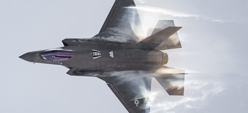 An Air Force F-35A Lightning II performs a practice airshow performance at Hill Air Force Base, Utah, Jan. 11, 2024. 