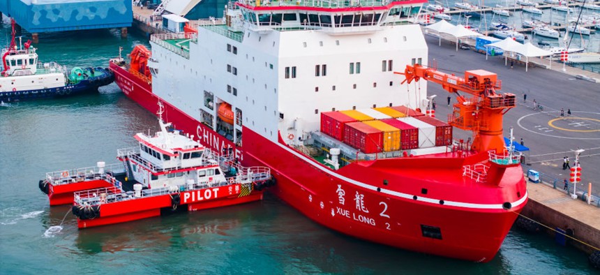China's first domestically made icebreaker, Xuelong 2, berths in Qingdao, China, on July 3, 2024.