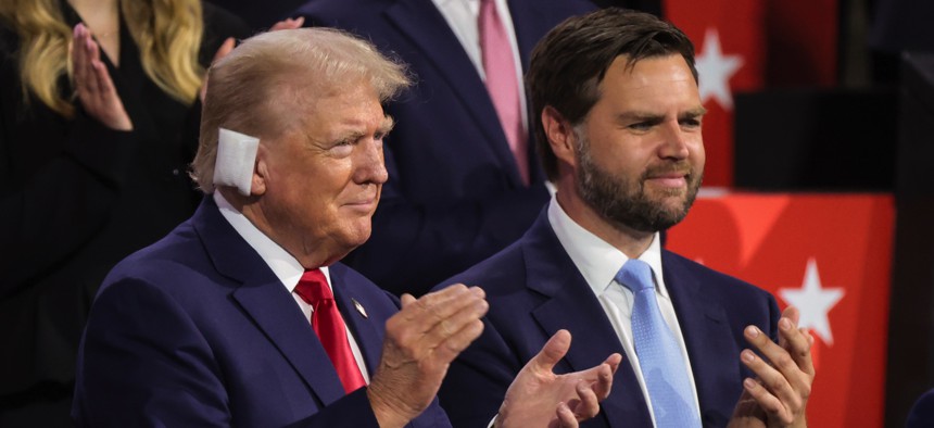 Donald Trump and his new running mate, U.S. Sen. J.D. Vance, R-Ohio, appear at the Republican National Convention in Milwaukee, Wisconsin, on July 15, 2024.