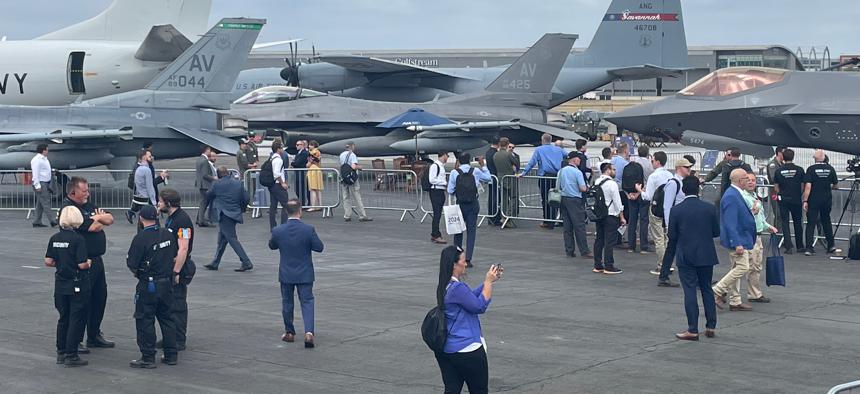 Aircraft on the tarmac at the 2022 Farnborough Air Show outside London.