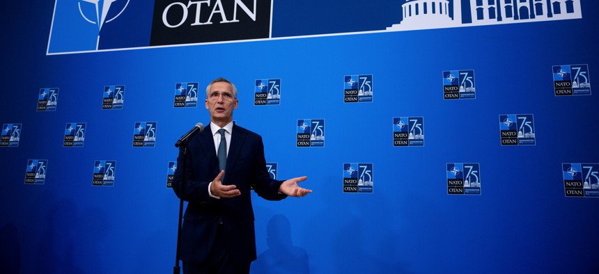 NATO Secretary General Jens Stoltenberg speaks as he arrives at the 2024 NATO summit on July 10, 2024, in Washington, D.C.