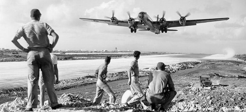 A B-29 Superfortress takes off from Saipan on a bombing mission to Japan in 1945.